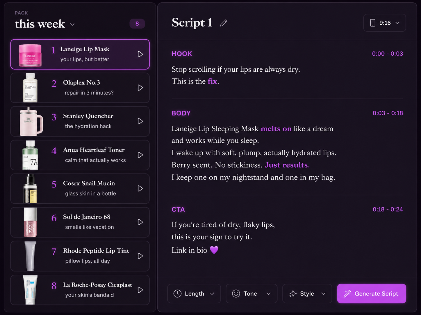 pack named 'this week' with 8 products