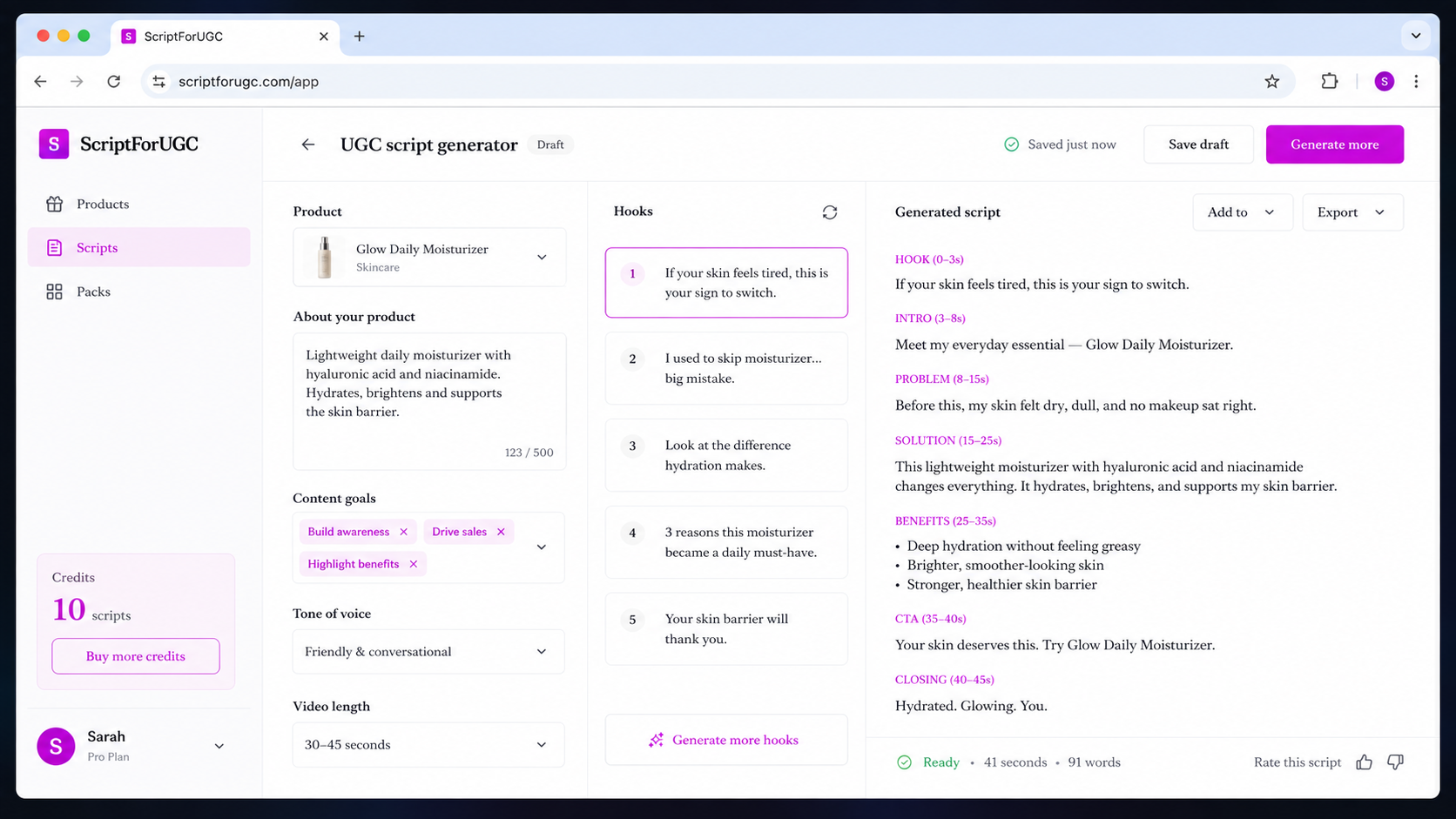 ScriptForUGC dashboard — UGC script generator with hooks list and script editor